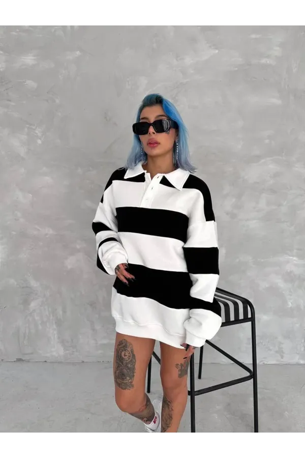 Unisex Üç İplik Parçalı Yakalı SweatShirt - Siyah