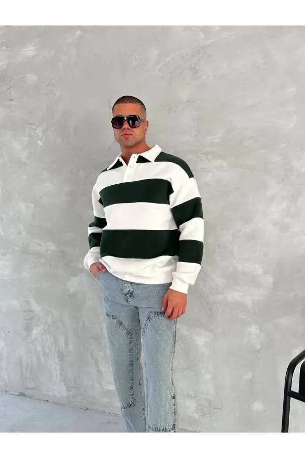 Unisex Üç İplik Parçalı Yakalı SweatShirt - Yeşil