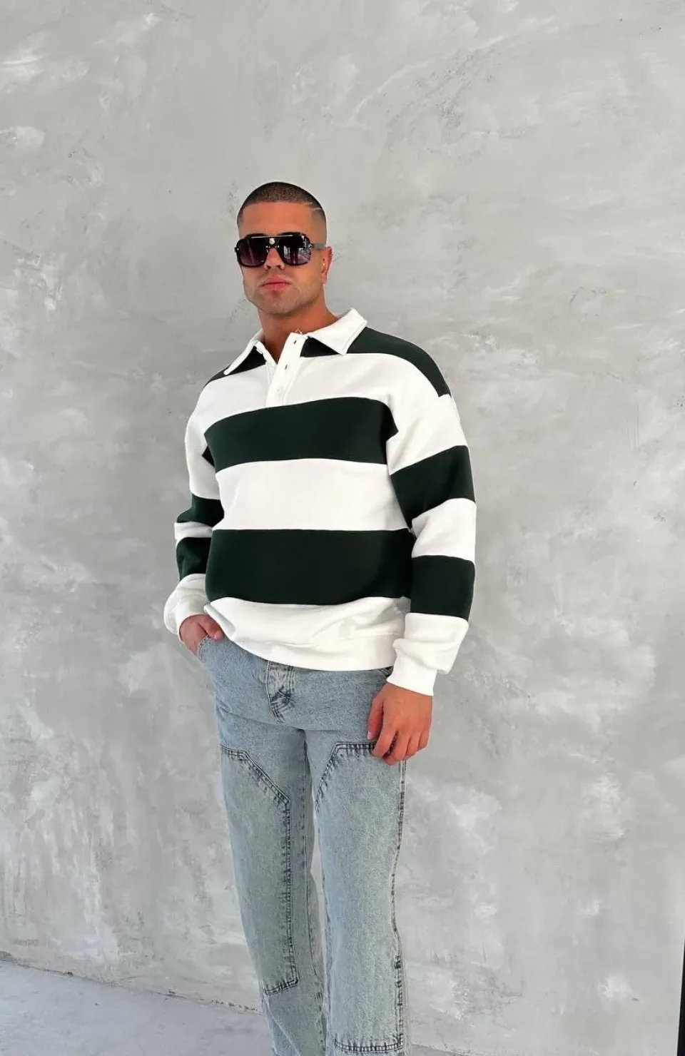 Unisex Üç İplik Parçalı Yakalı SweatShirt - Yeşil