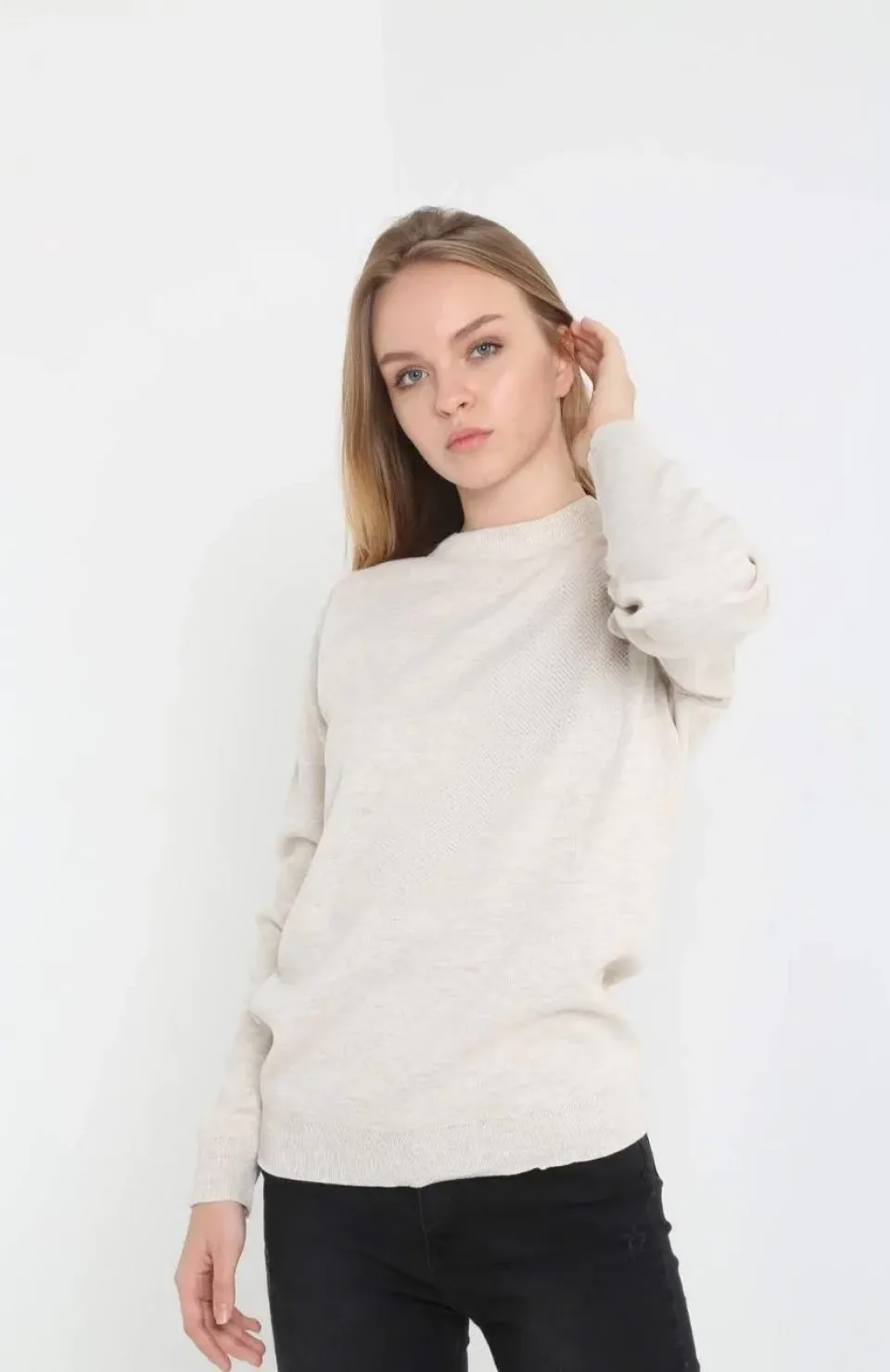 Unisex Uzun Kol Biskilet Yaka Dokuma Triko - Bej