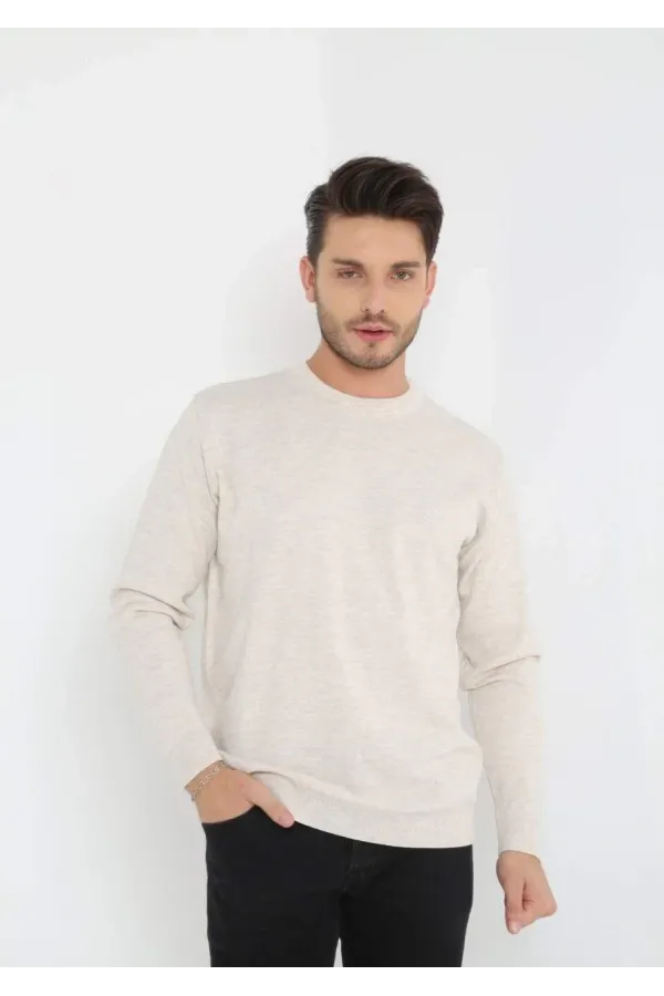 Unisex Uzun Kol Biskilet Yaka Dokuma Triko - Bej