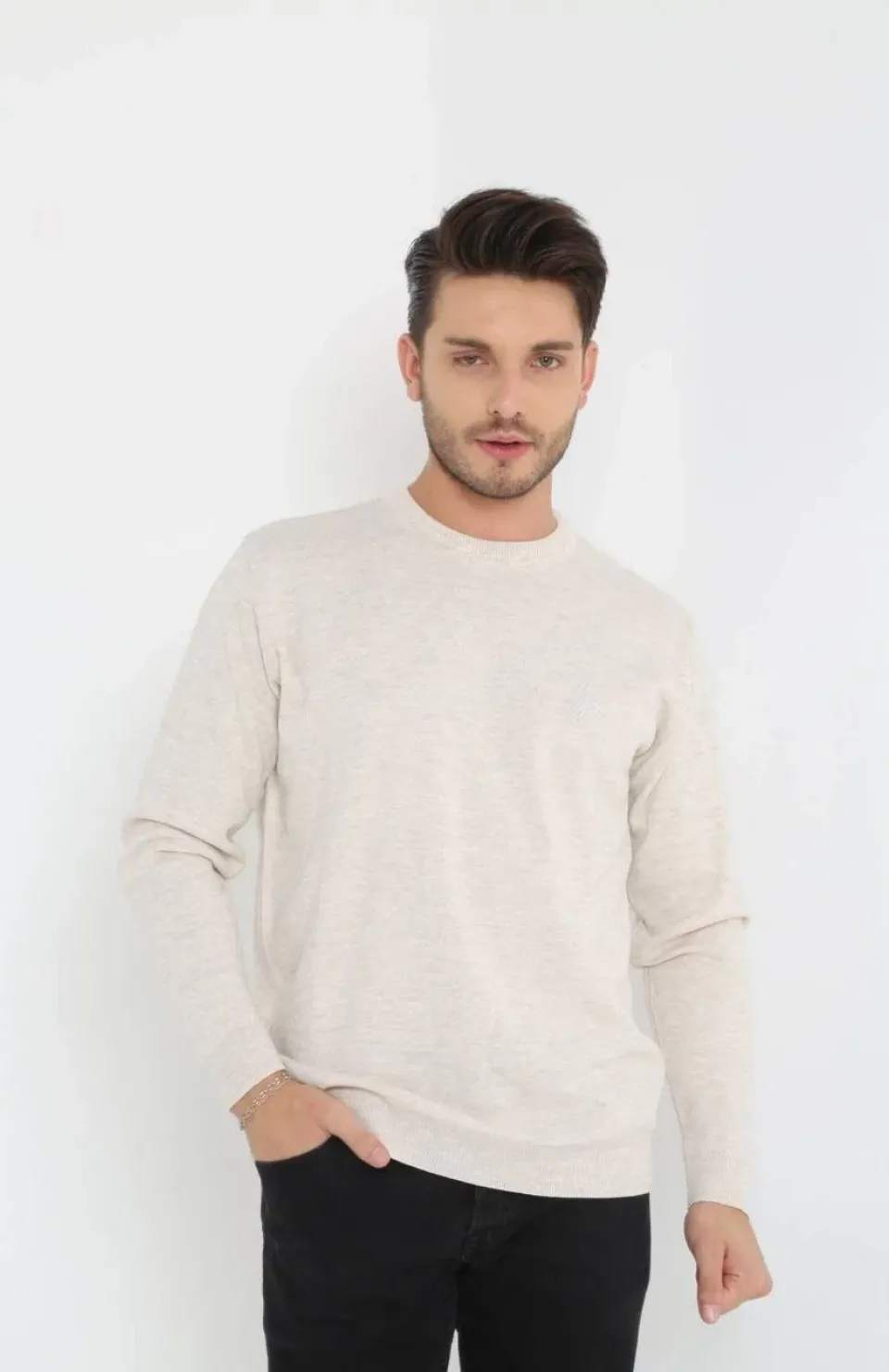 Unisex Uzun Kol Biskilet Yaka Dokuma Triko - Bej