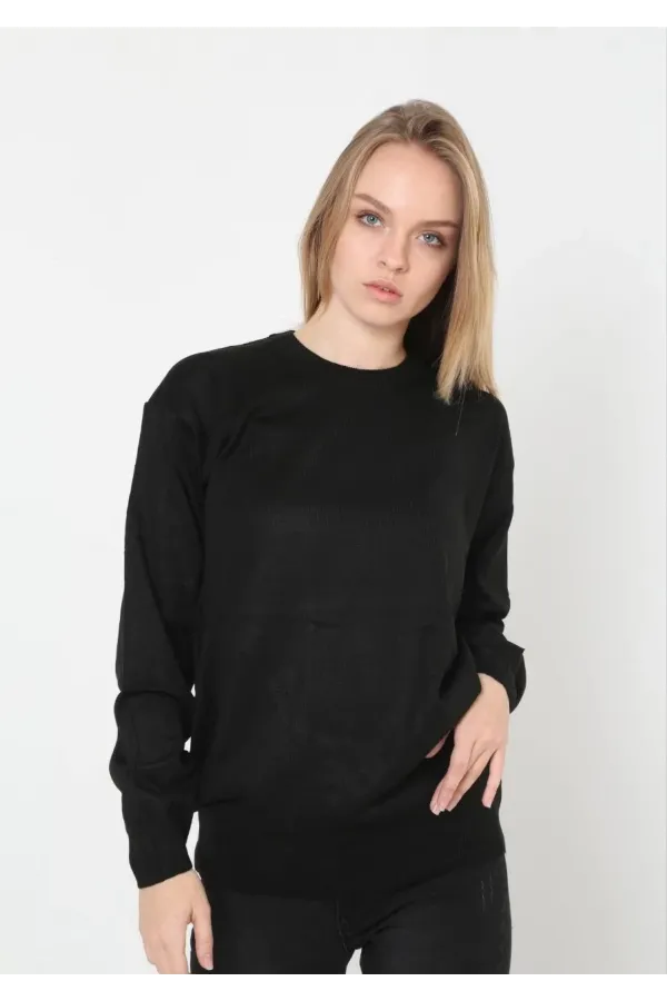 Unisex Uzun Kol Biskilet Yaka Dokuma Triko - Siyah