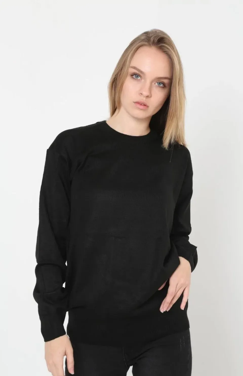 Unisex Uzun Kol Biskilet Yaka Dokuma Triko - Siyah