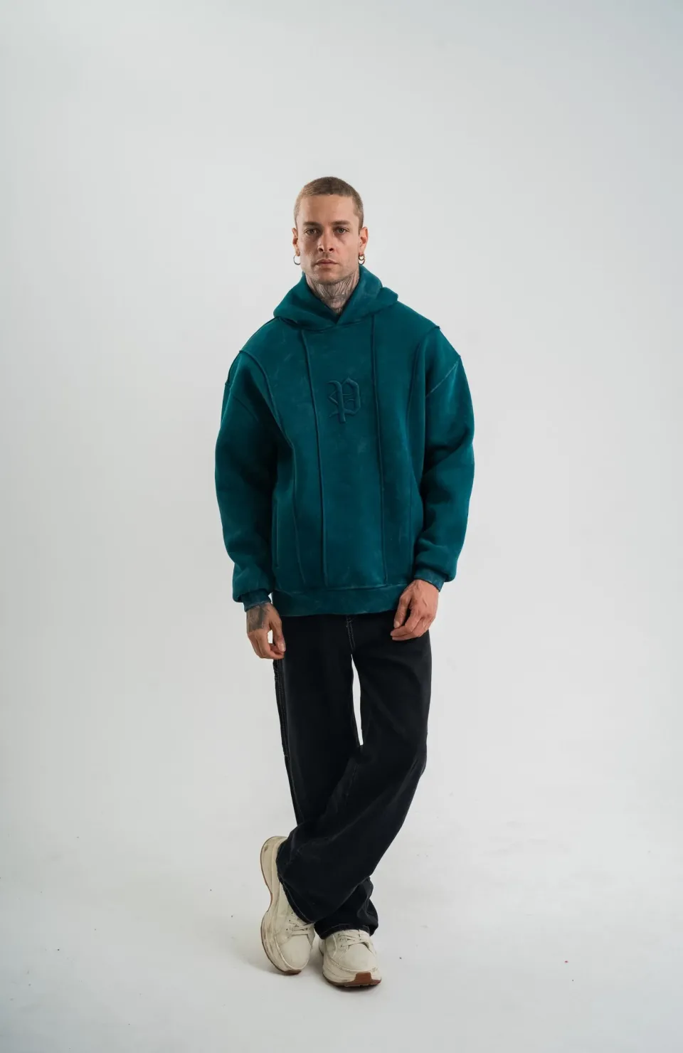 Unisex Uzun Kol Kapşonlu Yıkamalı Nakışlı SweatShirt - Koyu Deniz Yeşili