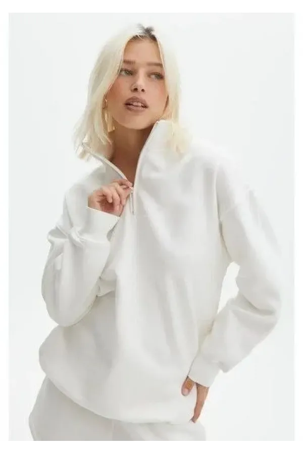 Unisex Uzun Kol Yarım Farmuarlı Yakalı Basic SweatShirt - Beyaz