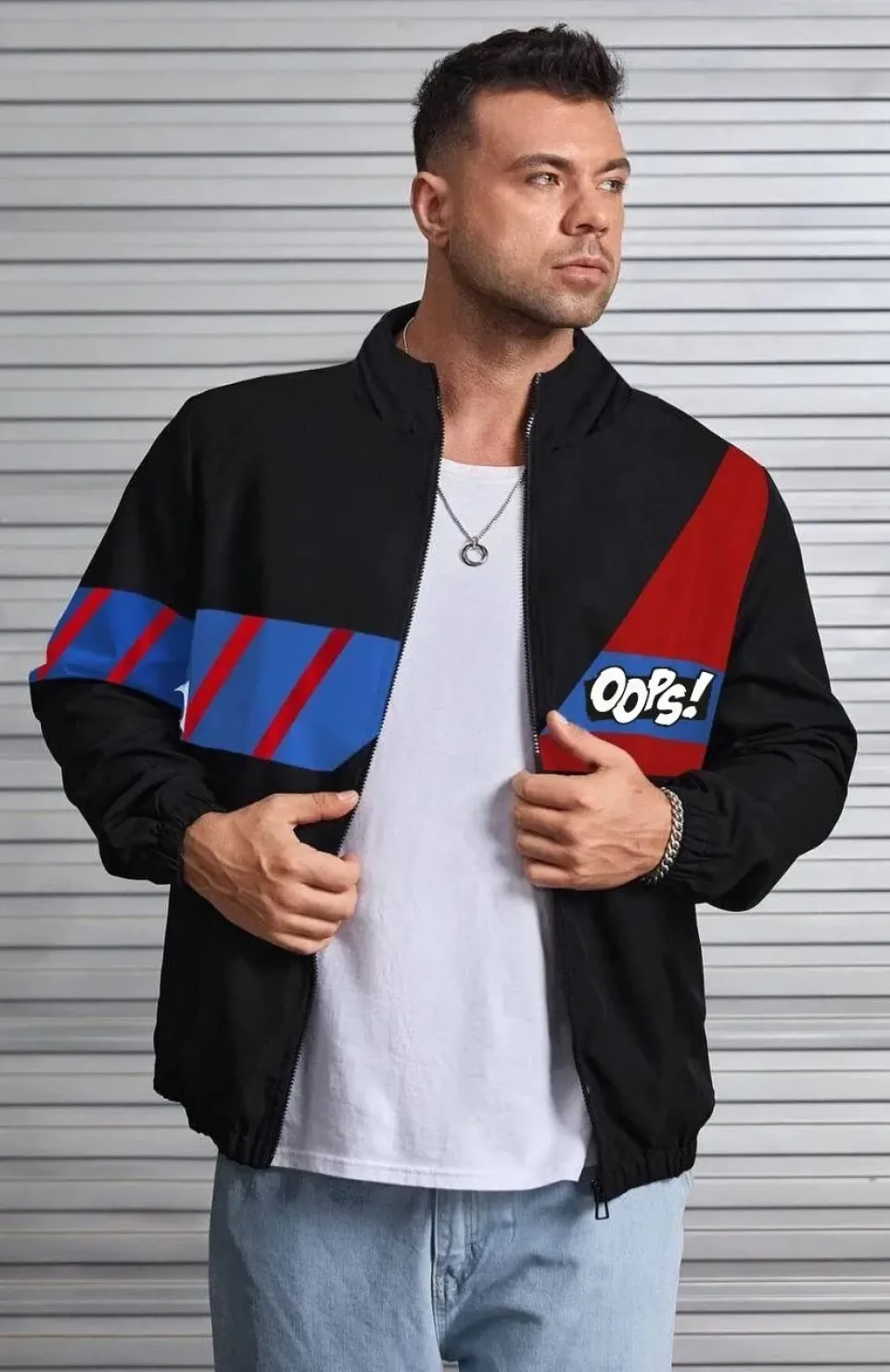 Unisex Uzun Koll Fermuarlı Baskılı Rüzgarlik - Siyah