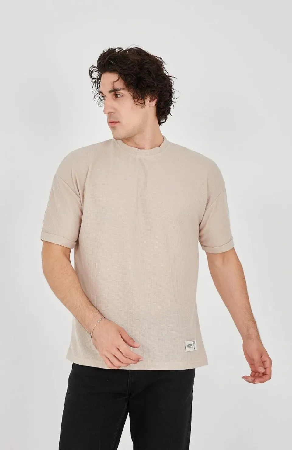 Unisex Waffle Kumaş Rahat Kol T-Shirt - Bej