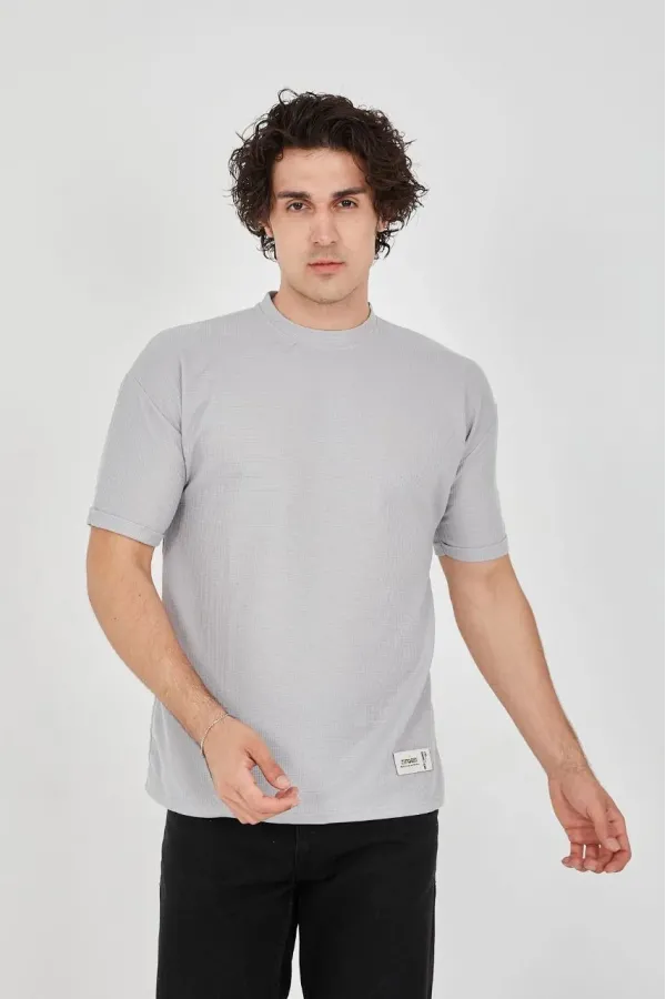 Unisex Waffle Kumaş Rahat Kol T-Shirt - Boyalı Gri
