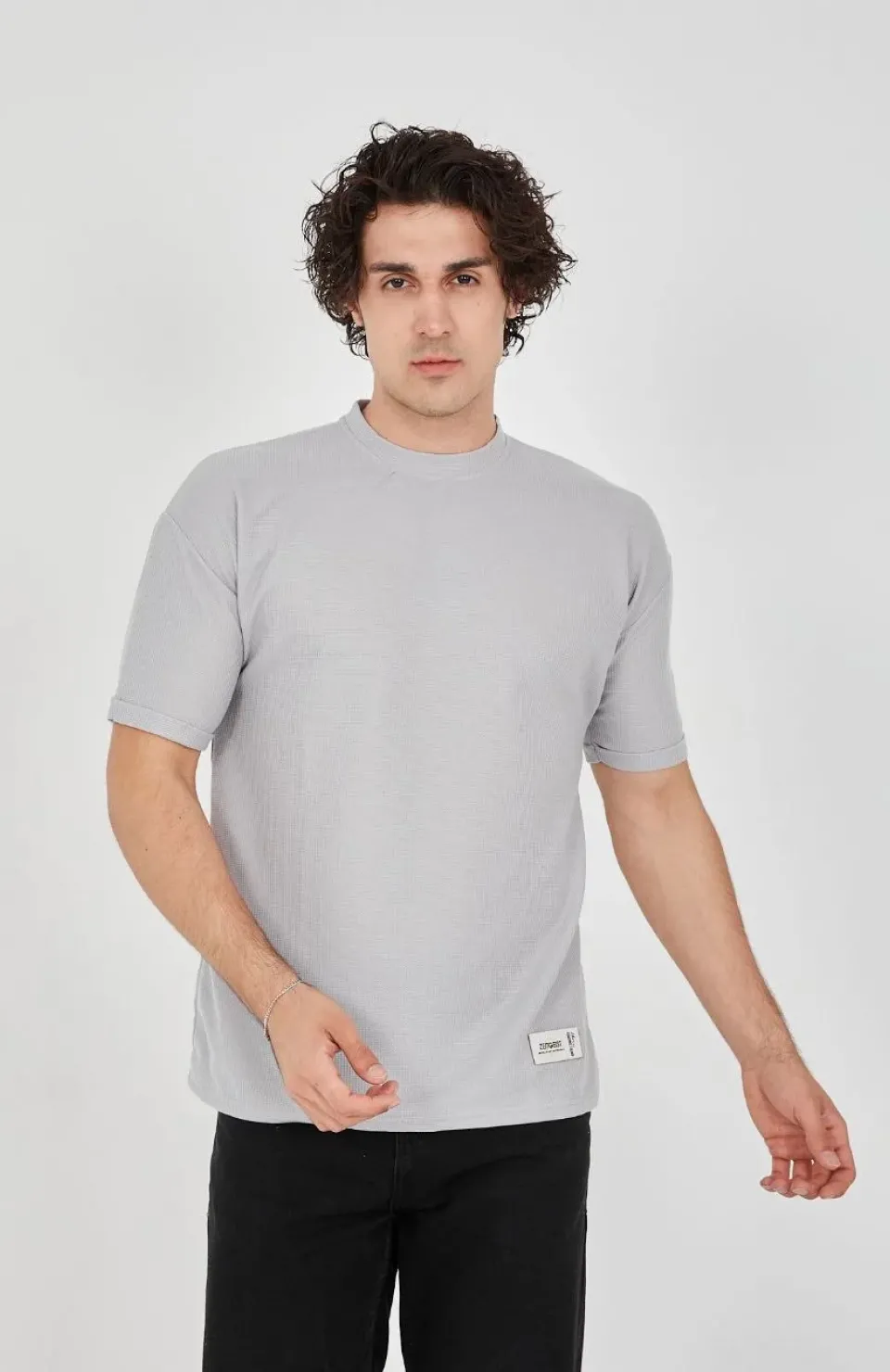 Unisex Waffle Kumaş Rahat Kol T-Shirt - Boyalı Gri