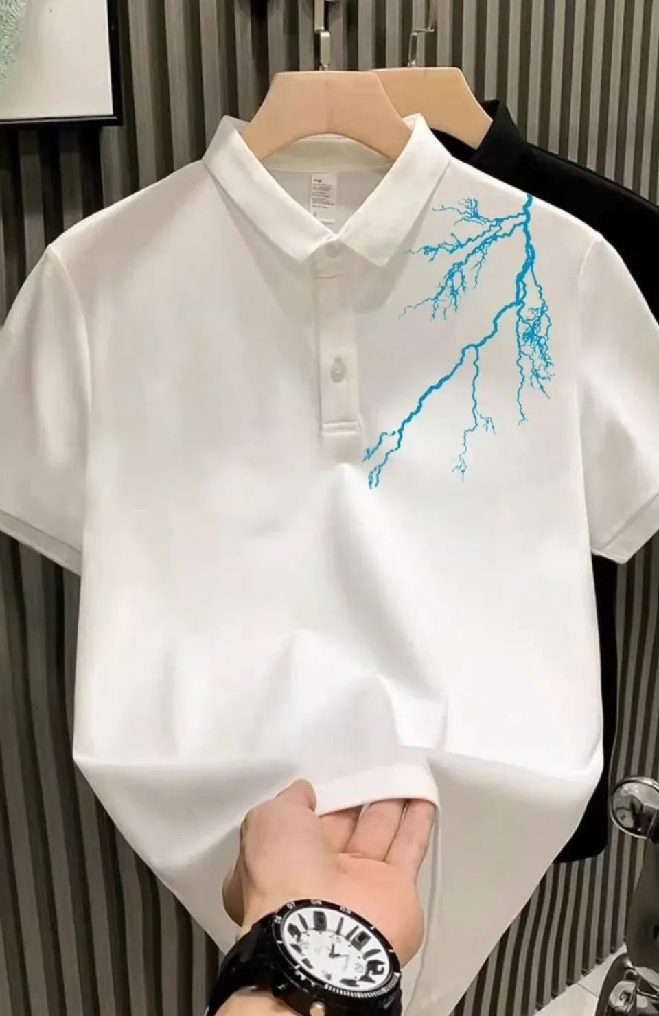 Unisex Yakası Düğmeli Oversize Baskılı T-Shirt - Beyaz