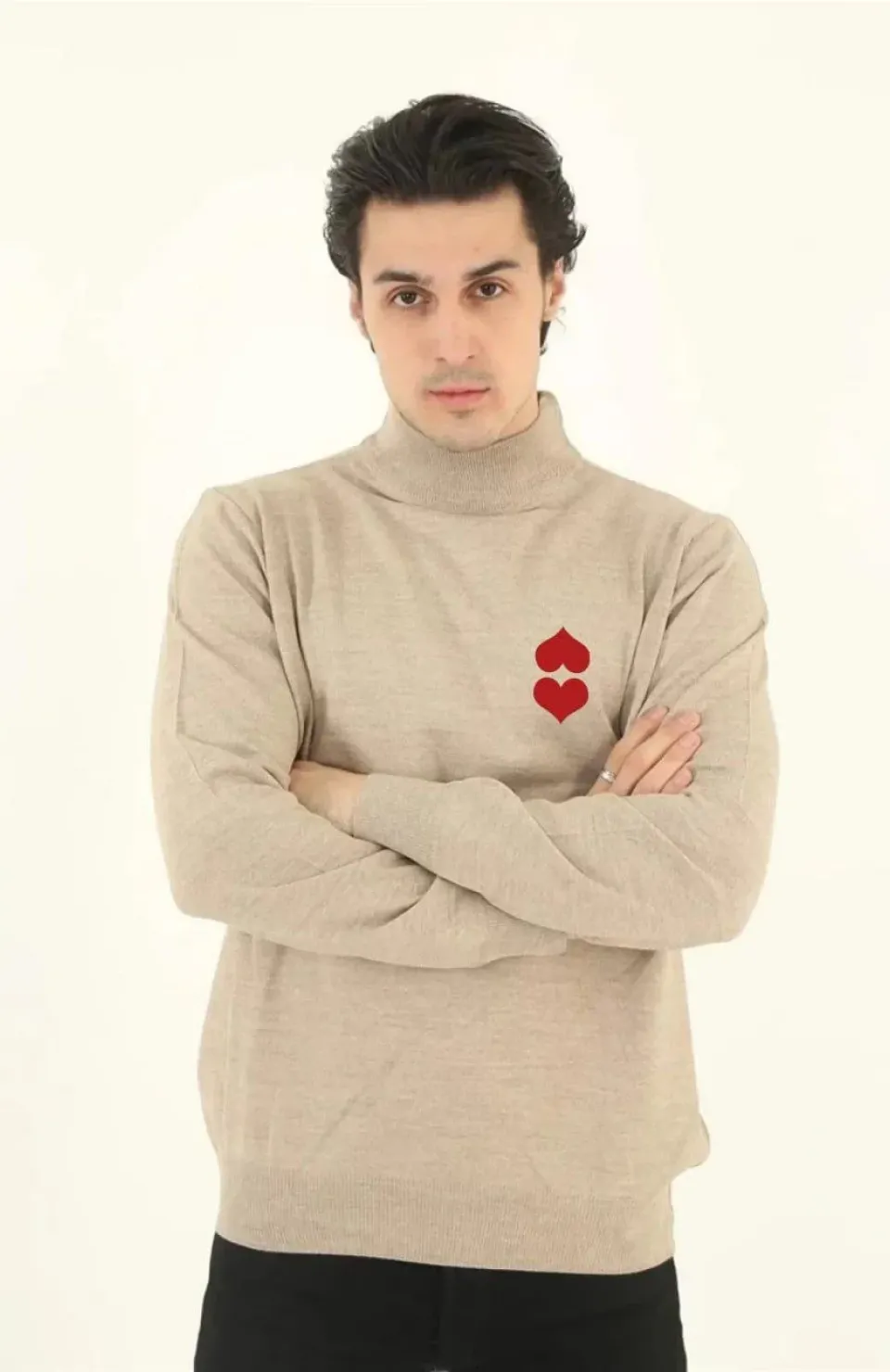 Unisex Yarım Boğazlı Baskılı Dokuma Triko - Bej