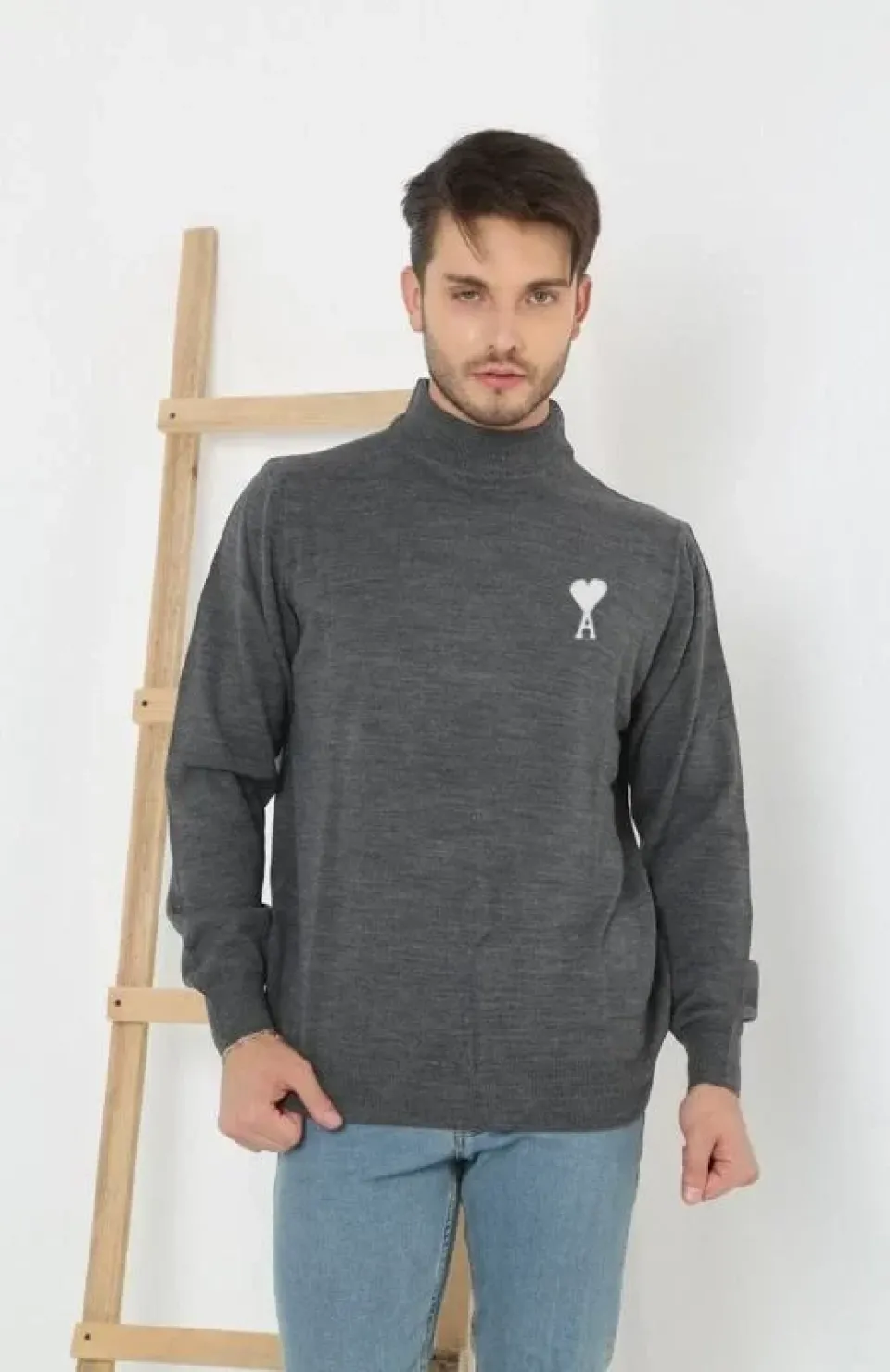 Unisex Yarım Boğazlı Baskılı Dokuma Triko - Füme