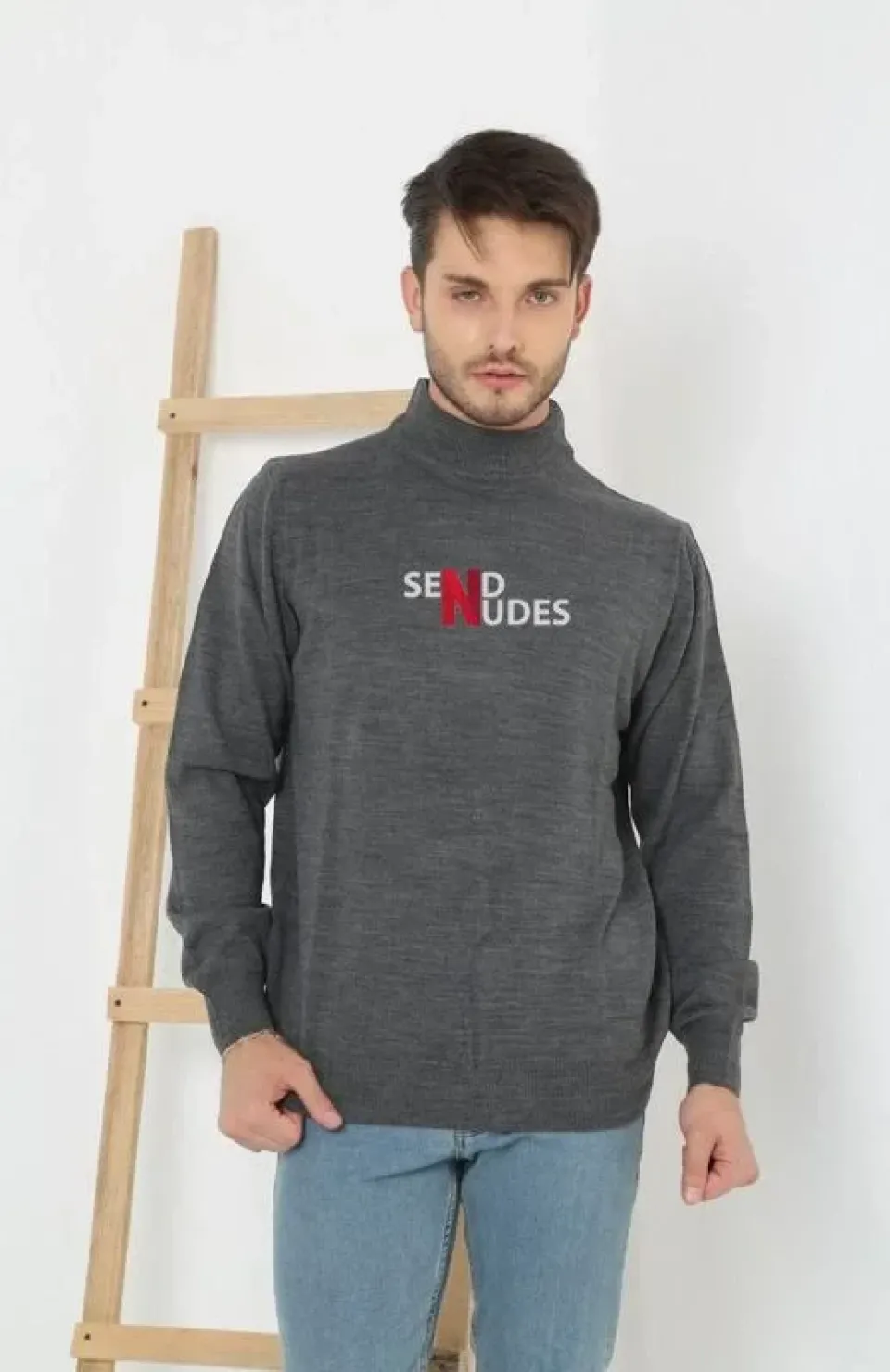 Unisex Yarım Boğazlı Baskılı Dokuma Triko - Füme