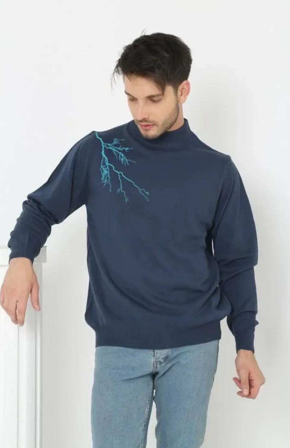 Unisex Yarım Boğazlı Baskılı Dokuma Triko - Indigo Somersan Giyim | Kadın, Erkek ve Çocuk Moda