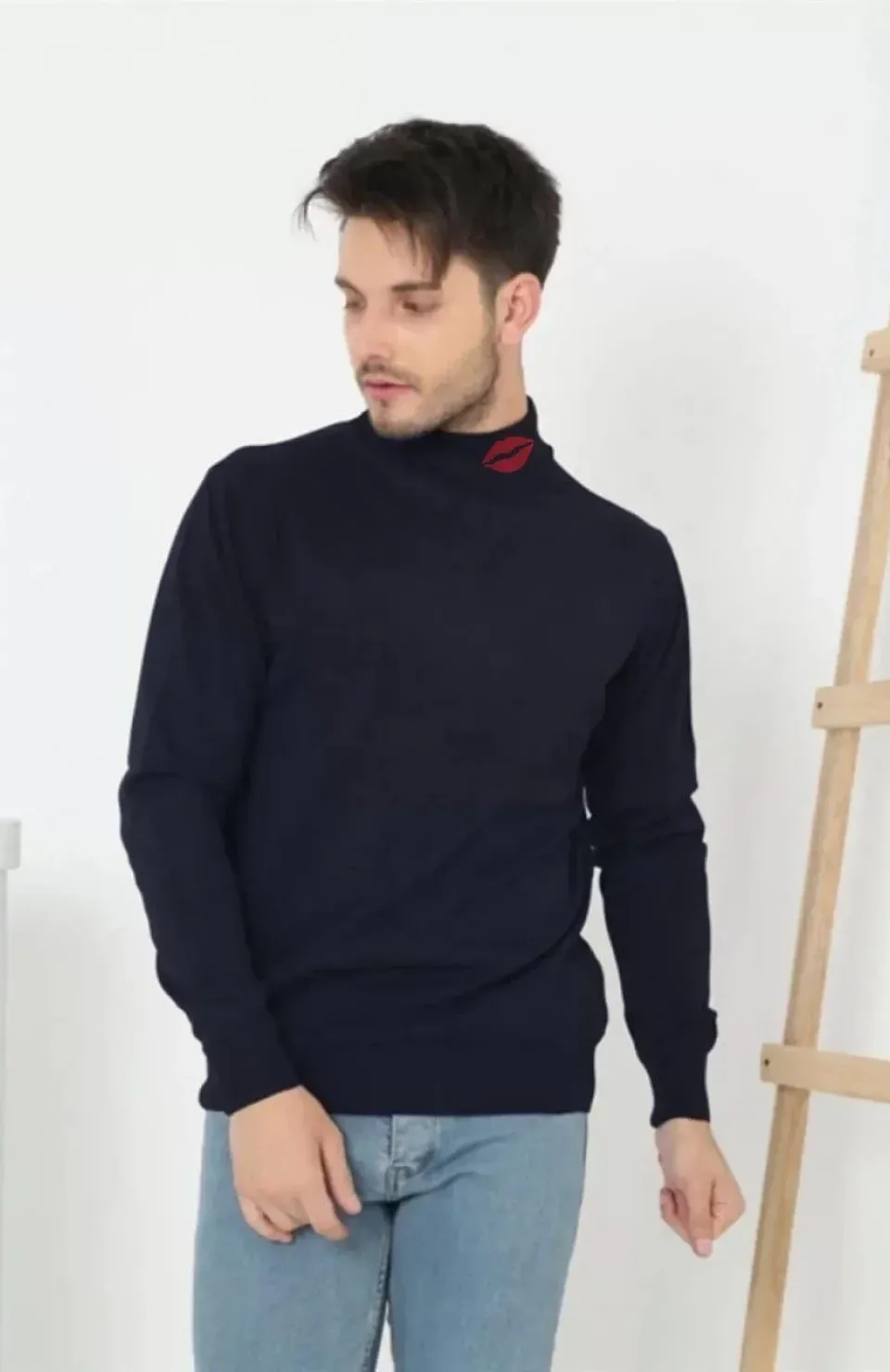 Unisex Yarım Boğazlı Baskılı Dokuma Triko - Lacivert