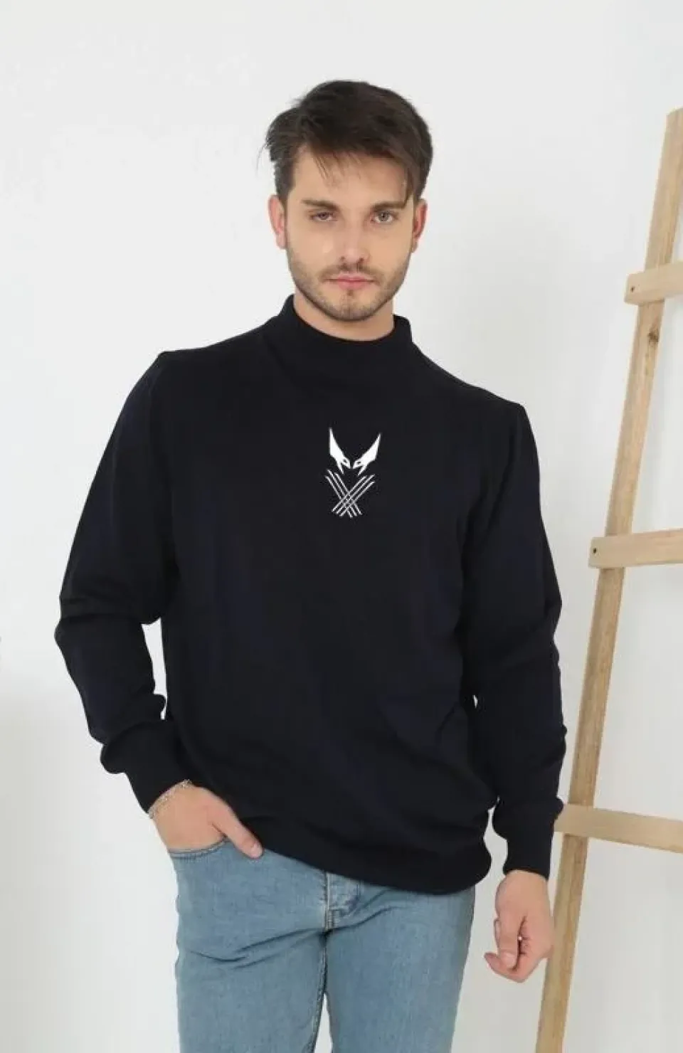 Unisex Yarım Boğazlı Baskılı Dokuma Triko - Siyah