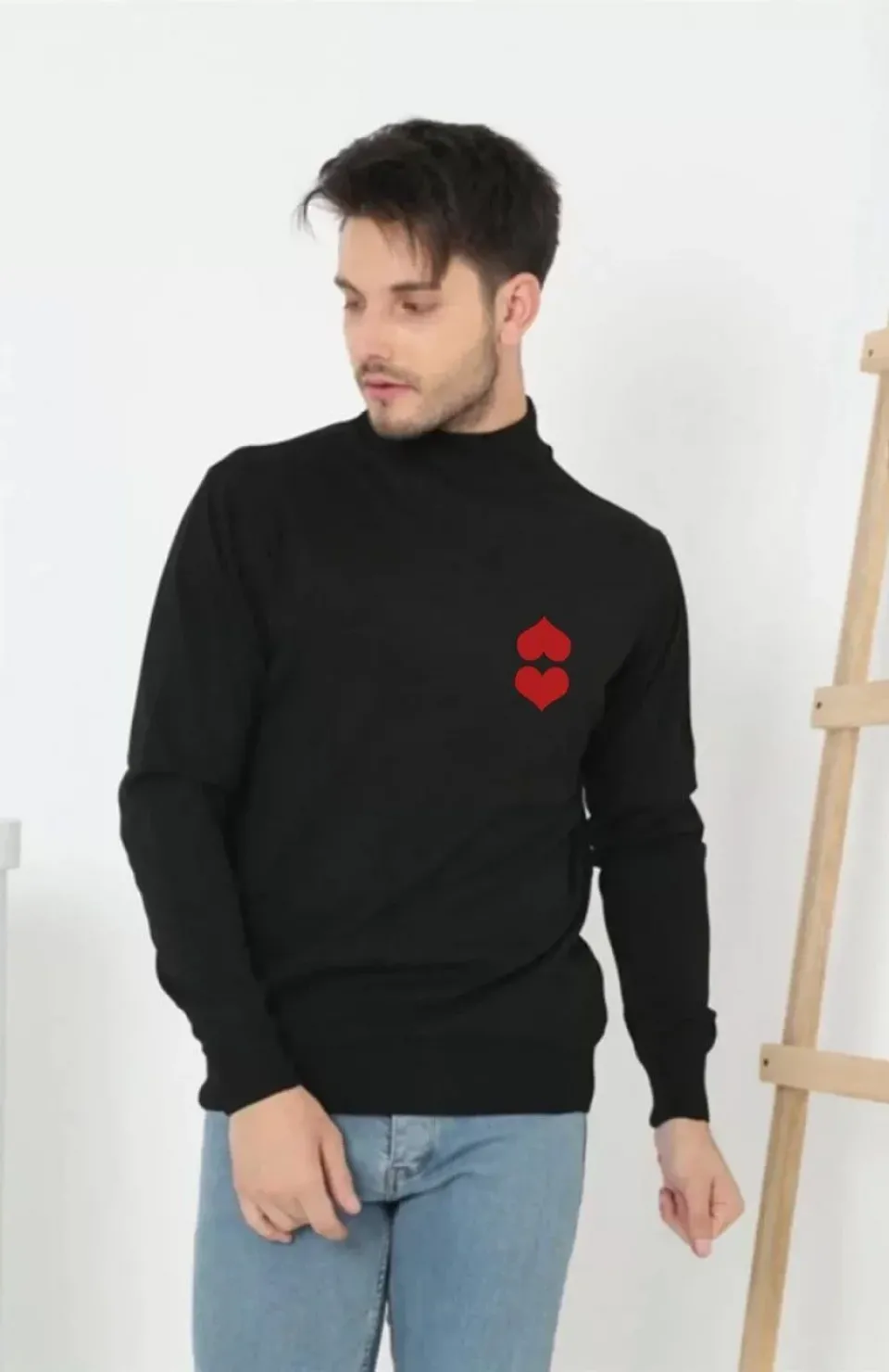 Unisex Yarım Boğazlı Baskılı Dokuma Triko - Siyah