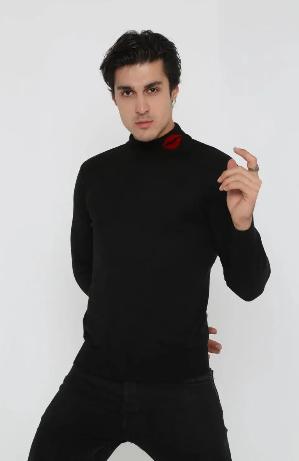 Unisex Yarım Boğazlı Baskılı Dokuma Triko - Siyah