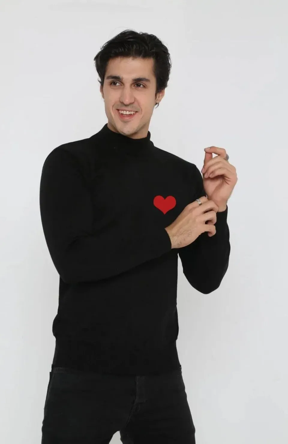 Unisex Yarım Boğazlı Baskılı Dokuma Triko - Siyah