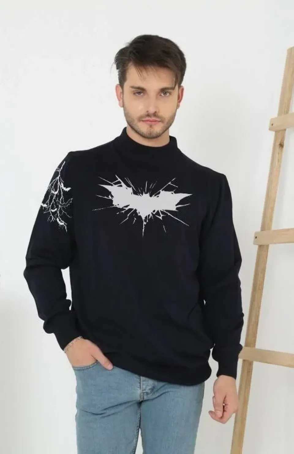 Unisex Yarım Boğazlı Baskılı Dokuma Triko - Siyah