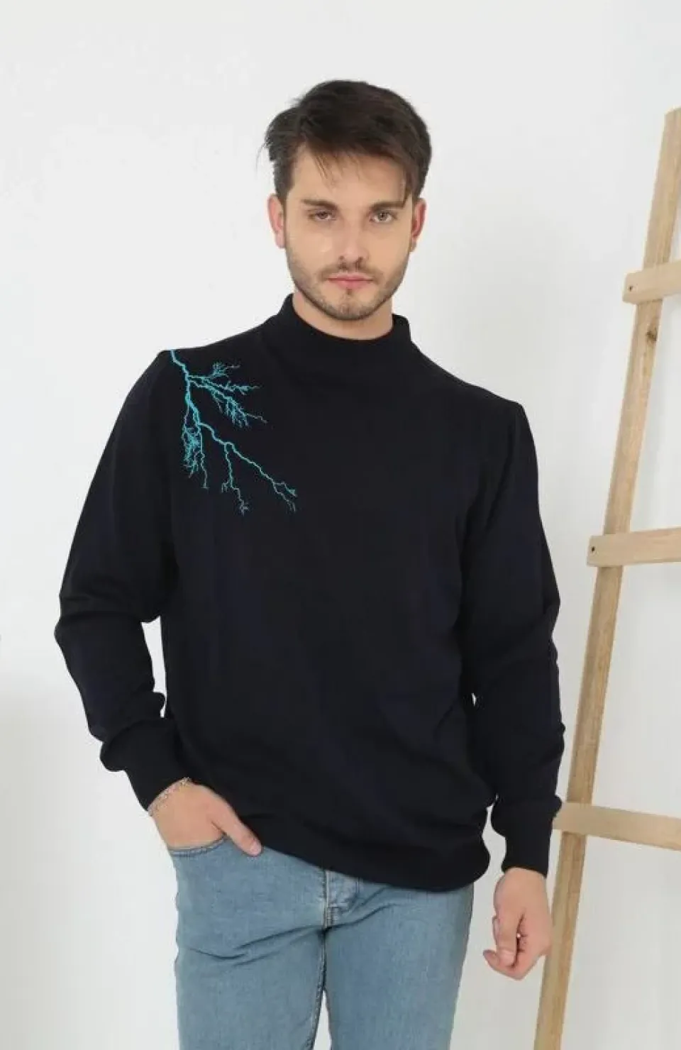 Unisex Yarım Boğazlı Baskılı Dokuma Triko - Siyah