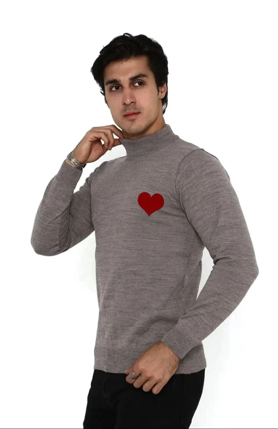 Unisex Yarım Boğazlı Baskılı Dokuma Triko - Vizon