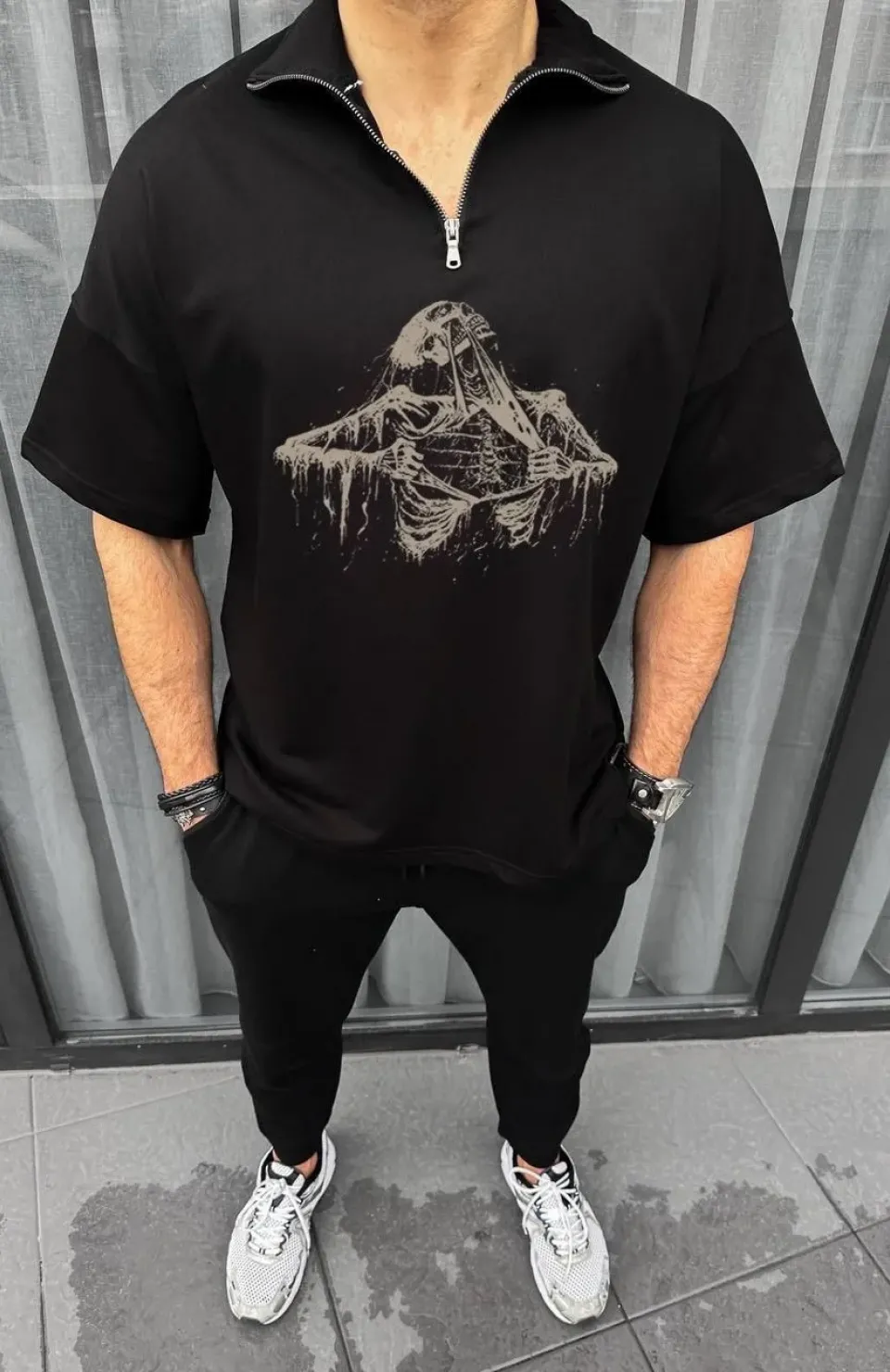 Unisex Yarım Fermuarlı Baskılı Oversize T-Shirt - Siyah