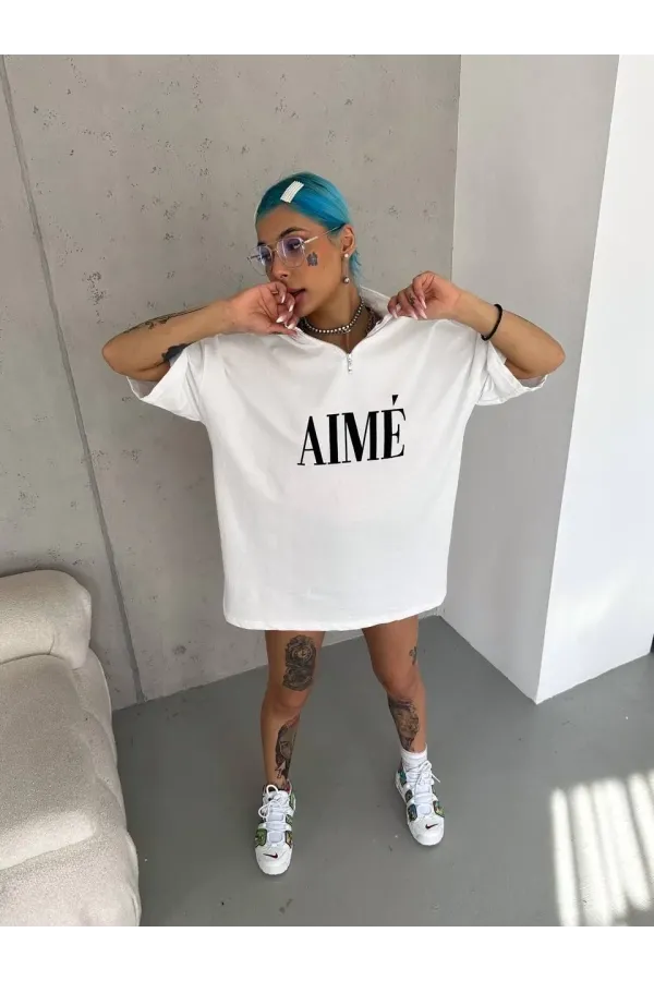 Unisex Yarım Fermuarlı Baskılı T-Shirt - Beyaz