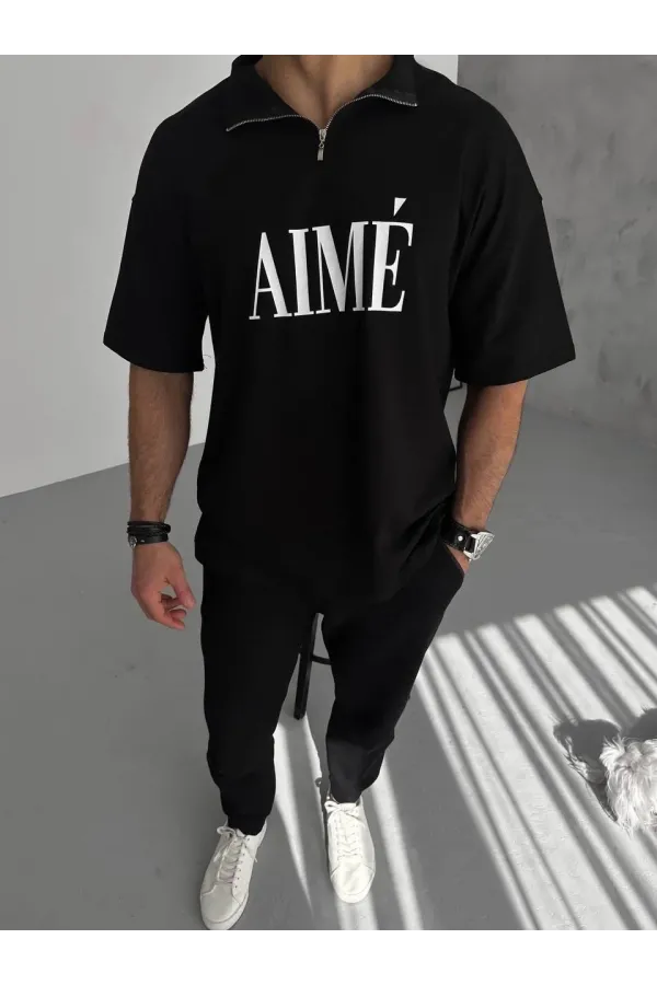 Unisex Yarım Fermuarlı Baskılı T-Shirt - Siyah