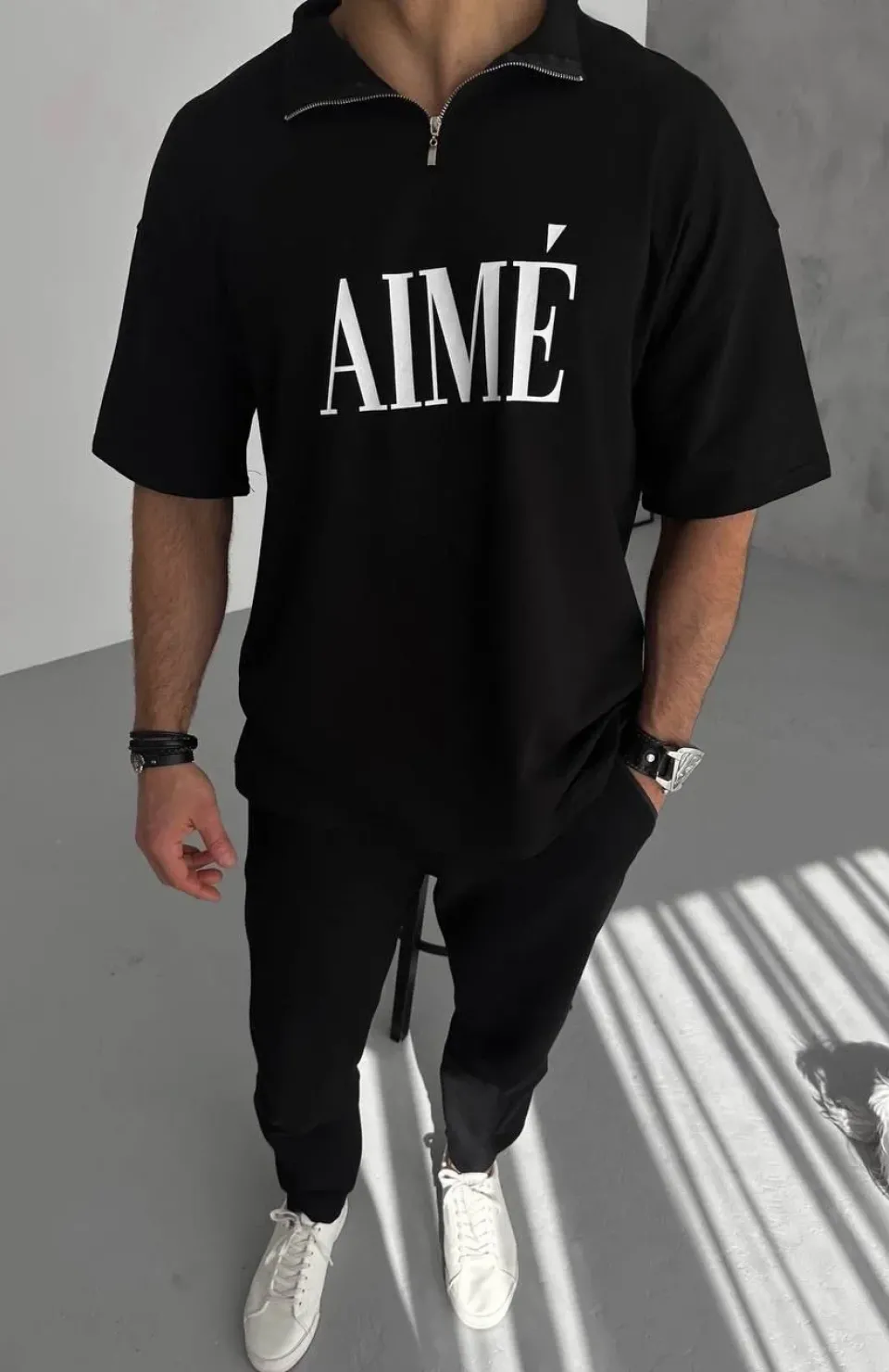 Unisex Yarım Fermuarlı Baskılı T-Shirt - Siyah Somersan Giyim | Kadın, Erkek ve Çocuk Moda