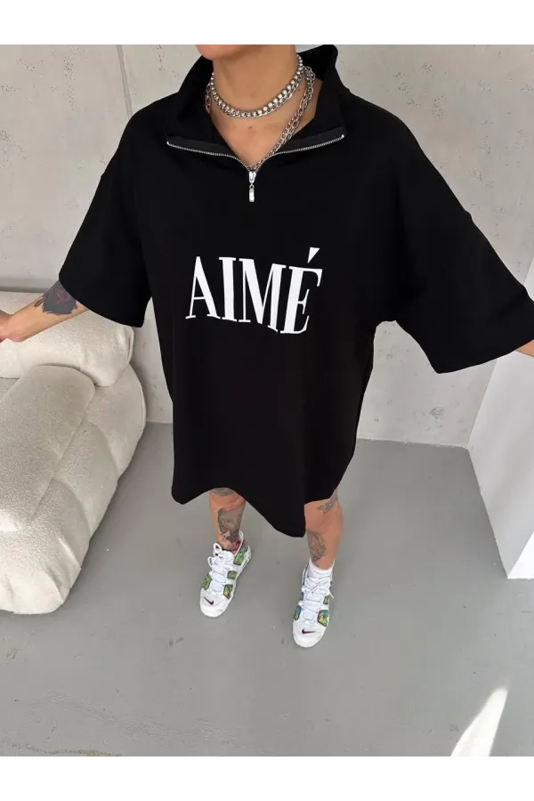 Unisex Yarım Fermuarlı Baskılı T-Shirt - Siyah