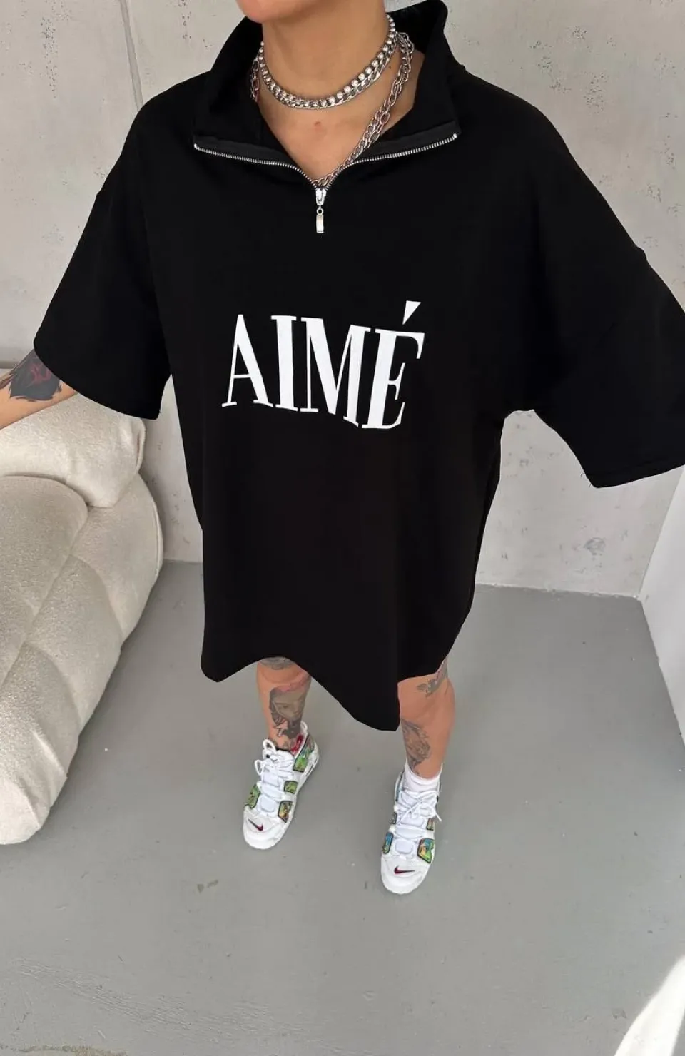 Unisex Yarım Fermuarlı Baskılı T-Shirt - Siyah Somersan Giyim | Kadın, Erkek ve Çocuk Moda