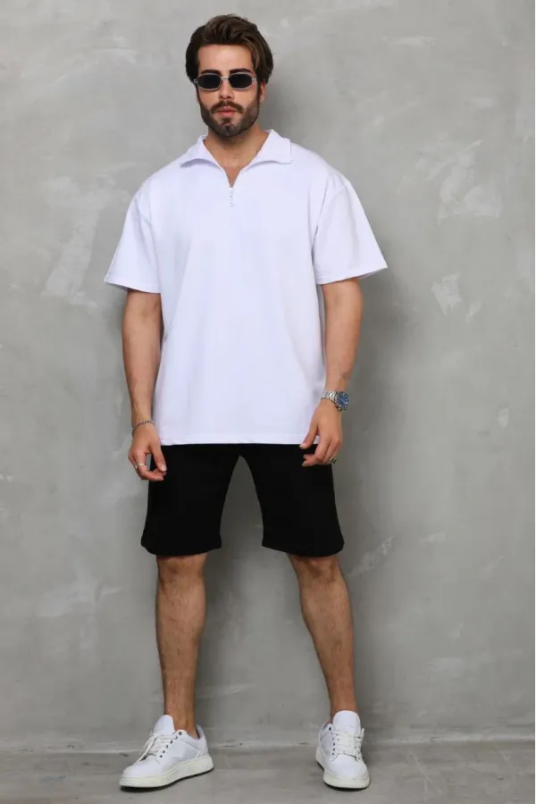 Unisex Yarım Fermuarlı Düz Oversize T-shirt - Beyaz