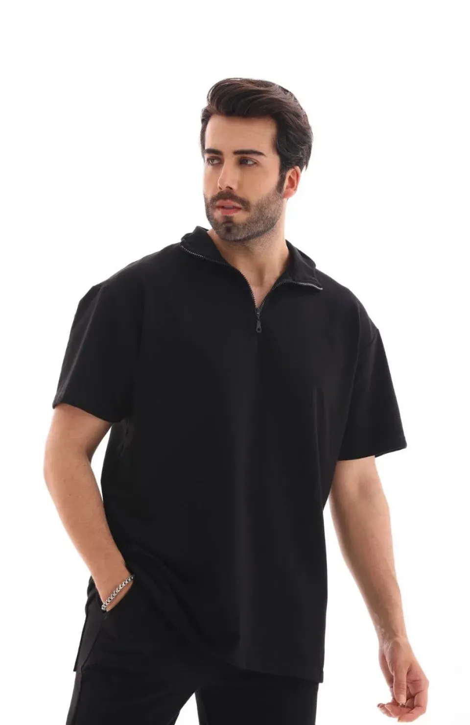 Unisex Yarım Fermuarlı Düz Oversize T-shirt - Siyah Somersan Giyim | Kadın, Erkek ve Çocuk Moda