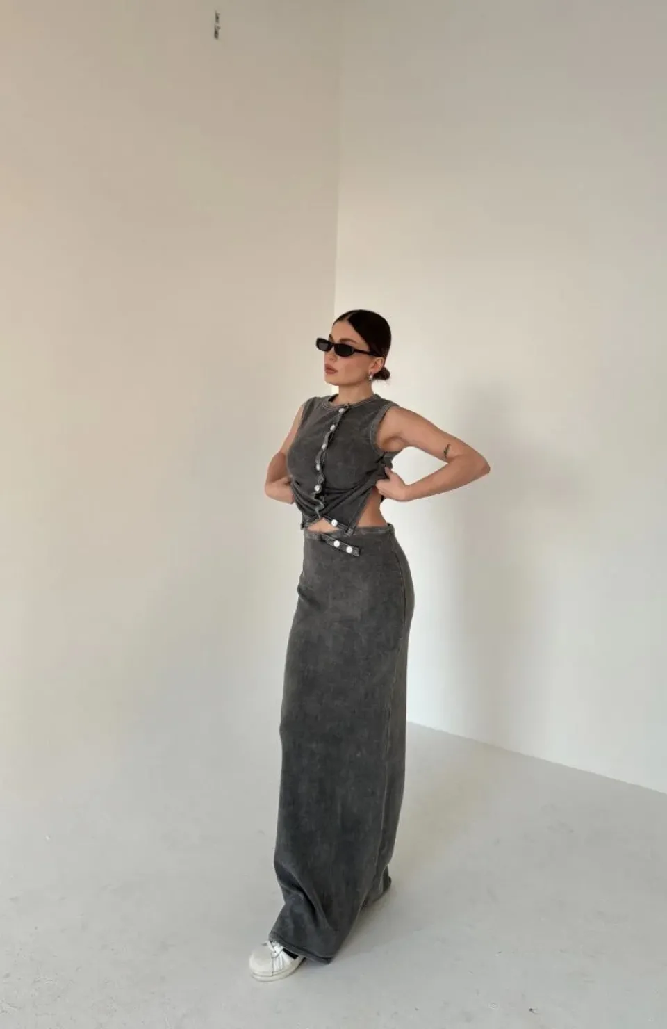 Uzun Etekli Önü Düğmeli Badi İkili Takım- Antrasit