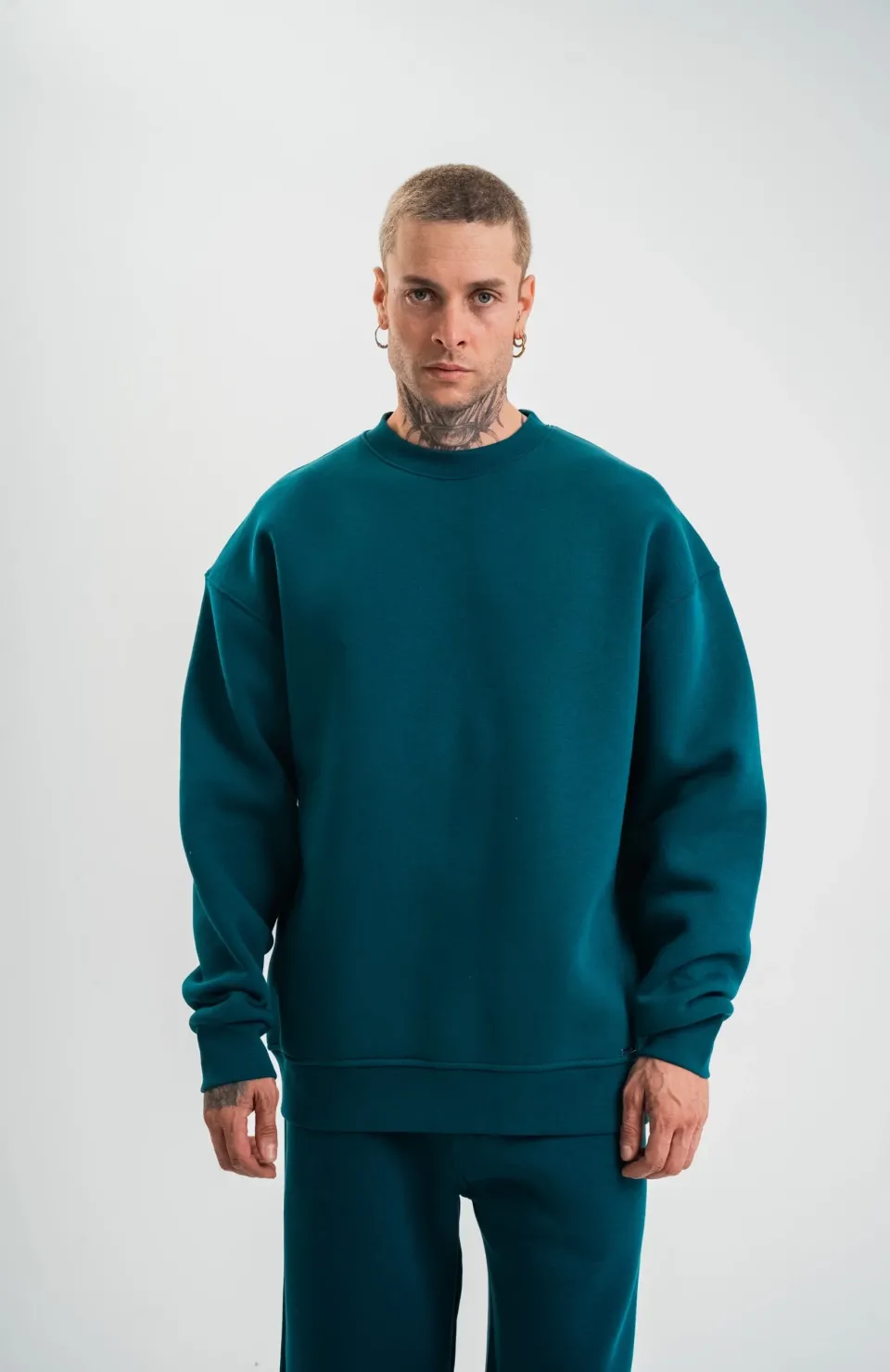 Uzun Kol Bisiklet Yaka Basic SweatShirt - Koyu Deniz Yeşili