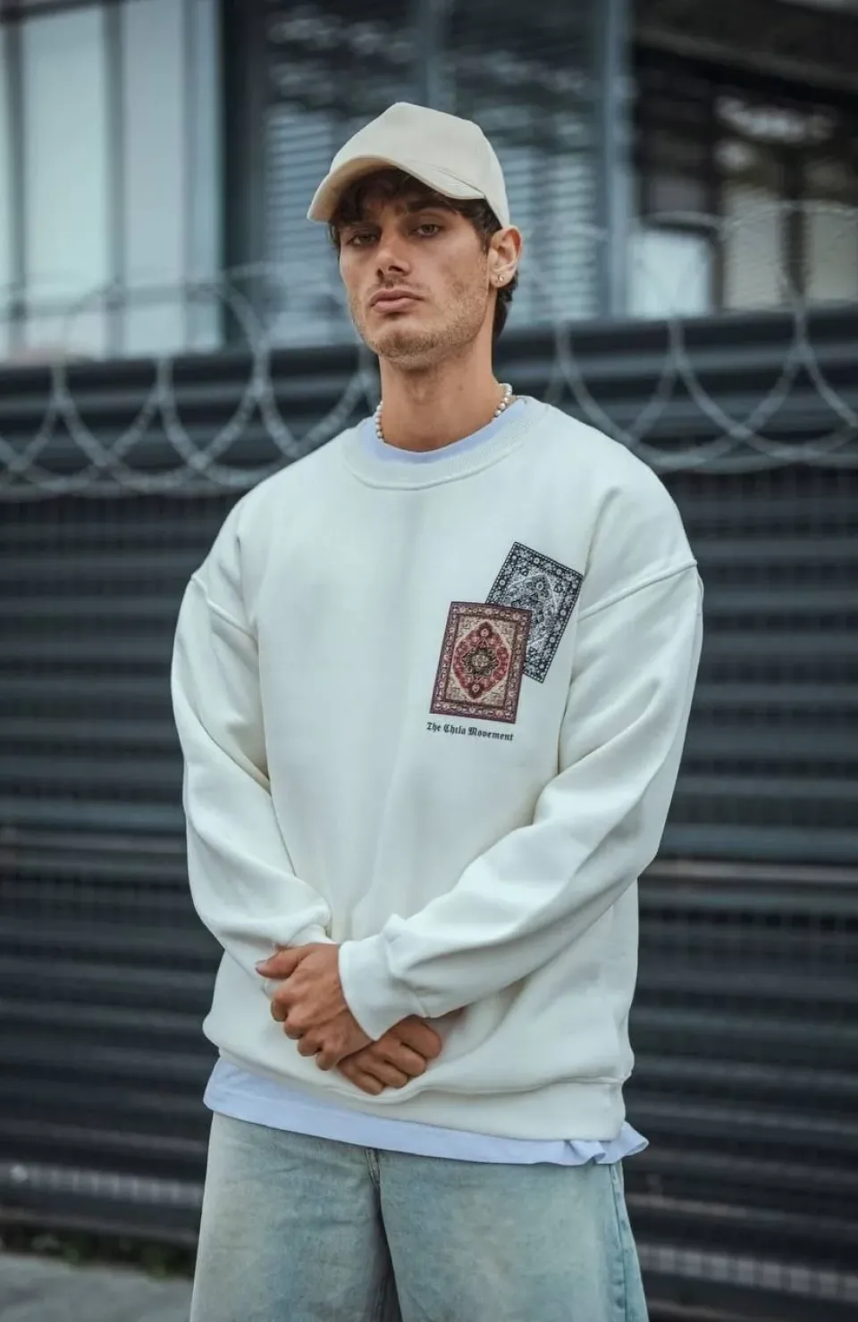 Uzun Kol Bisiklet Yaka Baskılı SweatShirt - Beyaz