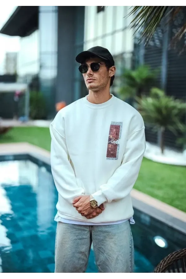 Uzun Kol Bisiklet Yaka Ön ve Arka Baskılı SweatShirt - Beyaz