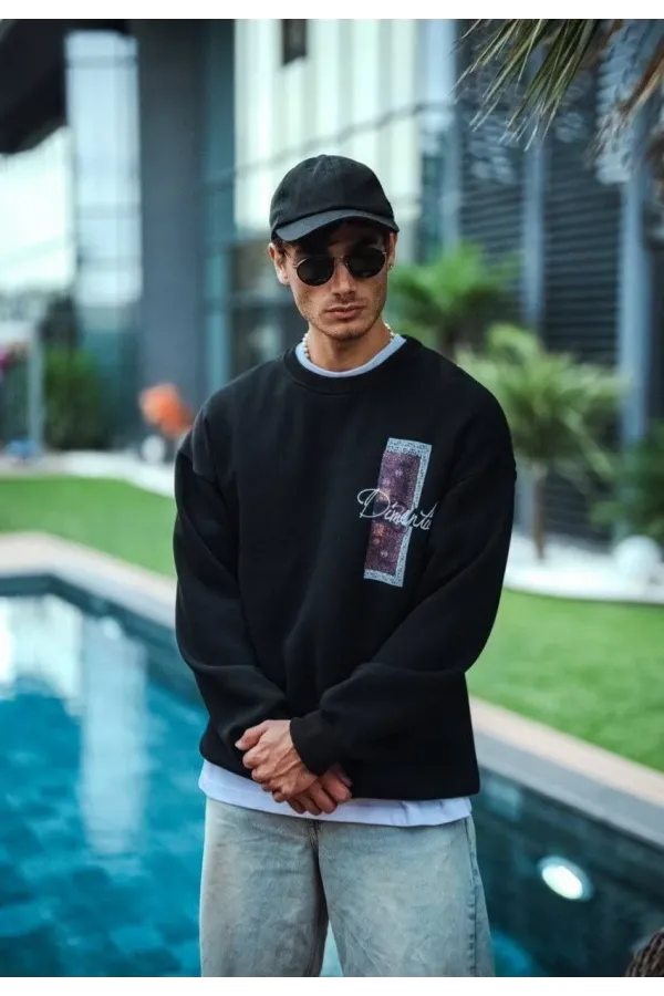 Uzun Kol Bisiklet Yaka Ön ve Arka Baskılı SweatShirt - Siyah