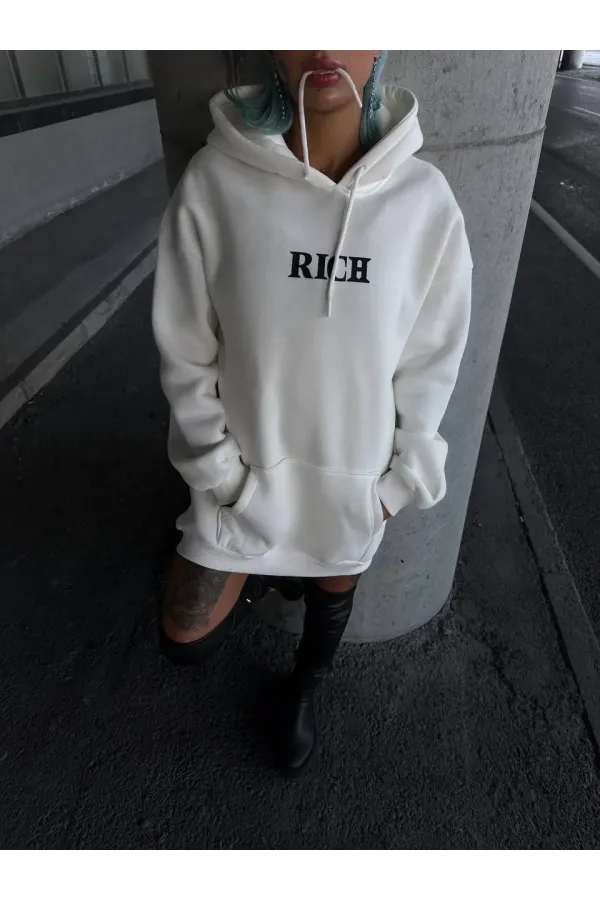 Uzun Kol Kapüşonlu Göğüs Baskılı SweatShirt - Beyaz