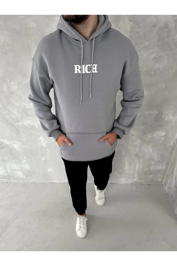 Uzun Kol Kapüşonlu Göğüs Baskılı SweatShirt - Gri
