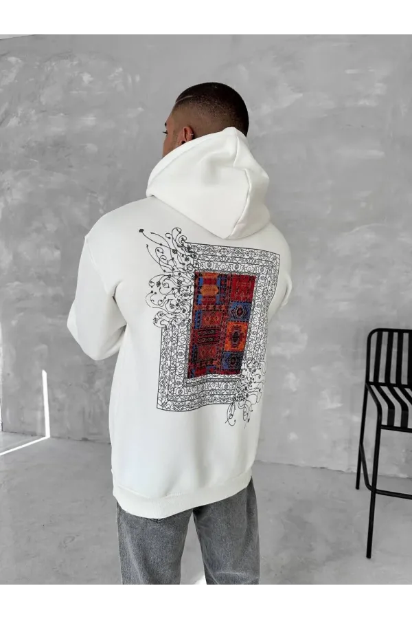 Uzun Kol Kapüşonlu Ön Ve Arka Baskılı SweatShirt - Beyaz