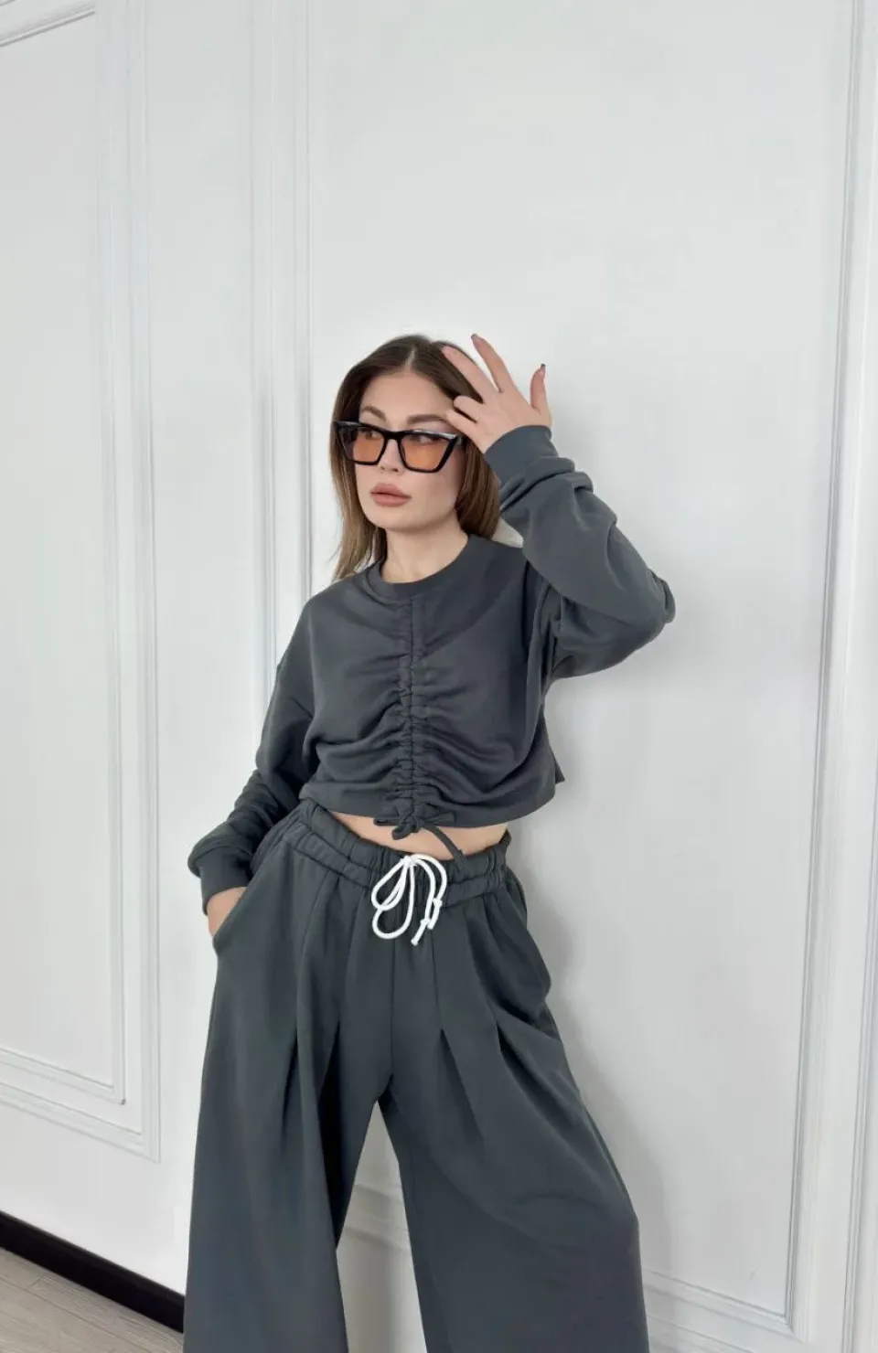 Uzun Kollu Önü İp Büzgülü Crop ve Pantolon İkili Takım - Antrasit