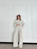 Uzun Kollu Önü İp Büzgülü Crop ve Pantolon İkili Takım - Gri