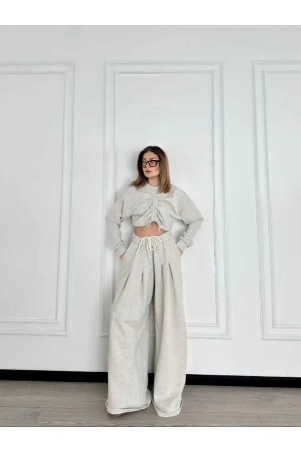 Uzun Kollu Önü İp Büzgülü Crop ve Pantolon İkili Takım - Gri