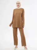 Uzun Kollu Organik Yıkanmış Kumaş Fitilli Pantolonlu Takım - Kahve Somersan Giyim | Kadın, Erkek ve Çocuk Moda