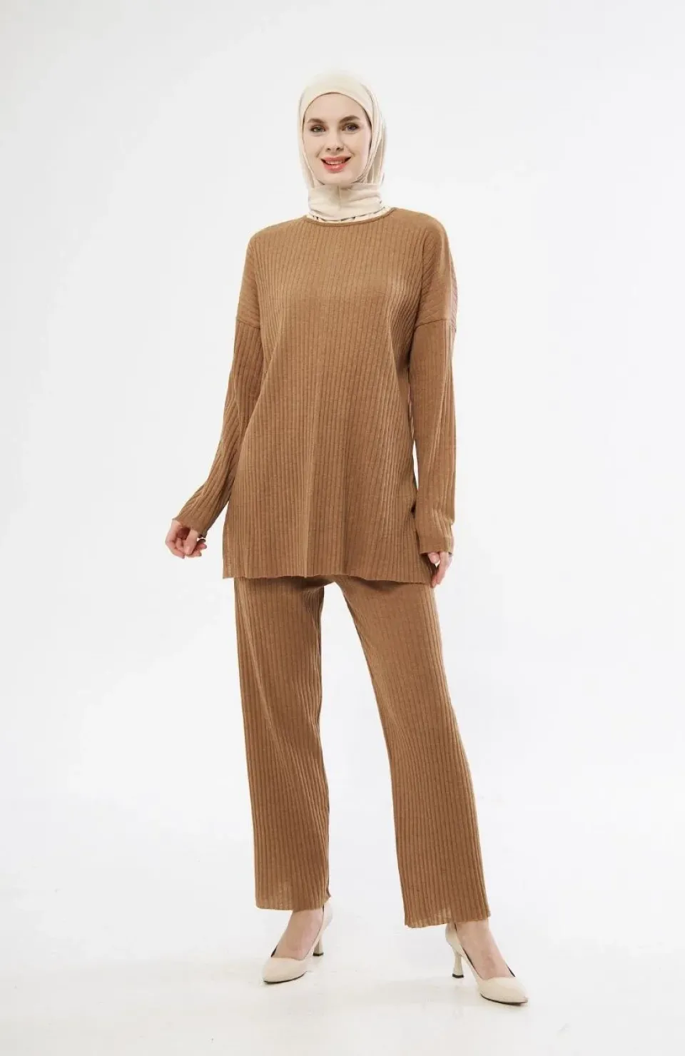 Uzun Kollu Organik Yıkanmış Kumaş Fitilli Pantolonlu Takım - Kahve Somersan Giyim | Kadın, Erkek ve Çocuk Moda