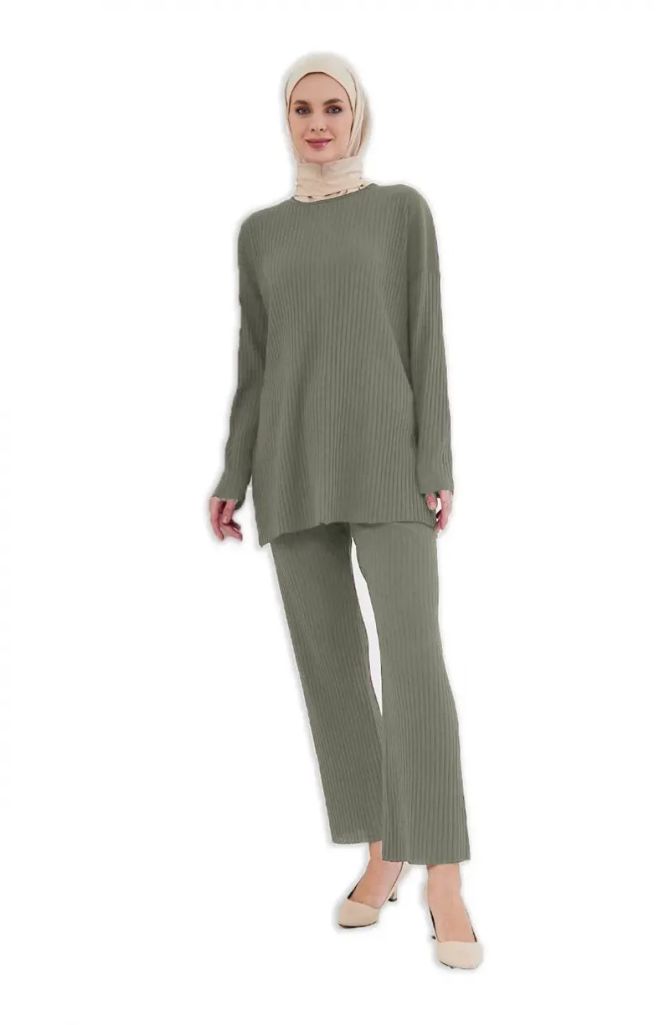 Uzun Kollu Organik Yıkanmış Kumaş Fitilli Pantolonlu Takım - Yeşil Somersan Giyim | Kadın, Erkek ve Çocuk Moda