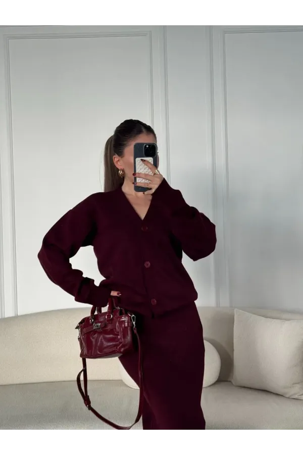 V Yaka 3 Düğmeli Hırka Takım Triko İkili Etekli - Bordo
